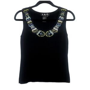 J.A.C. Beaded Embroidered Black Strech Tank Top Blue Green Beads Size Small